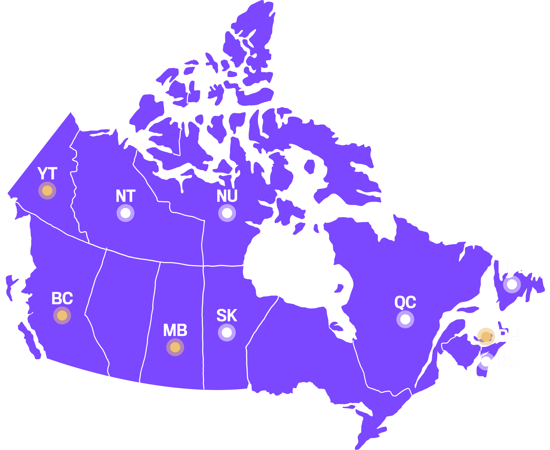 Map of Canada indicating provinces and territories where Pharmacare is currently in effect or have expressed interest in Pharmacare.